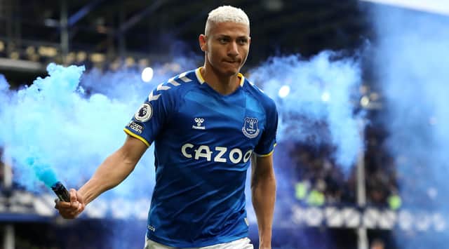 Richarlison celebrates with a flare after giving Everton the lead against Chelsea. Picture: Jan Kruger/Getty Images
