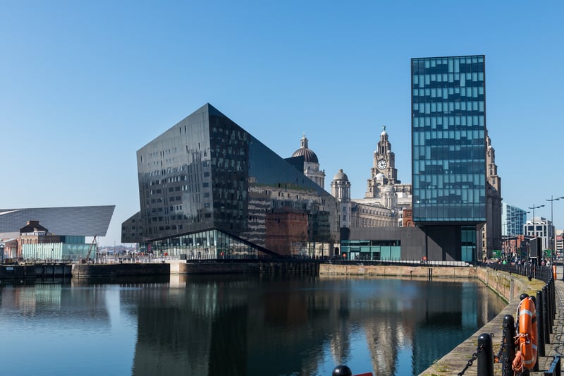 View of Albert Dock and Three Graces buildings in Liverpool today. 