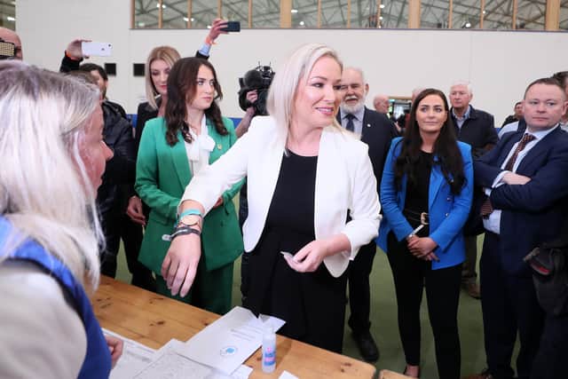 Sinn Fein vice-president Michelle O’Neill has arrives at the Magherafelt count centre.