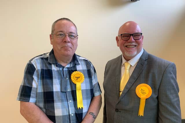 (L-R) Liberal Democrat candidates Rob Hylands and Stephen Marshall elected for Brockhurst and Privett