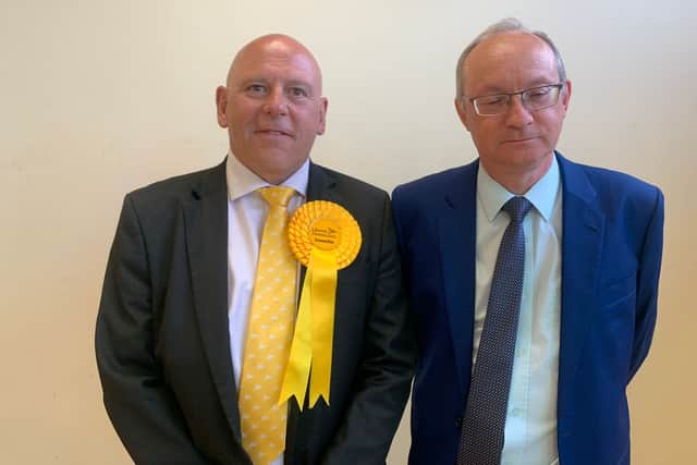 (L-R) Liberal Democrat candidate Martin Pepper and Conservative candidate Stephen Philpott elected for Peel Common.
