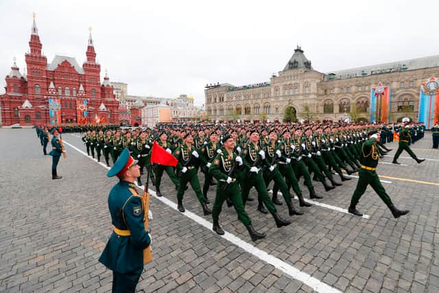 Russian servicemen march at Red Square during the Victory Day military parade in Moscow on May 9, 2017 (AFP via Getty Images)
