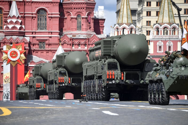 Russian Yars intercontinental ballistic missile launchers parade through Red Square (AFP via Getty Images)