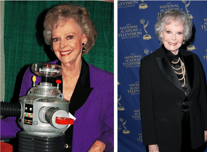 June Lockhart at a Comic and Fantasy convention in 2000 and then at the Daytime Creative Arts Emmy Awards Gala in 2014. Actress June Lockhart was famous in the 1950s and 60s where she performed in both television and film. She is most known for her roles in television shows Lost in Space and Lassie, as well as her role in the film Sergeant York. Lockhart was born on June 25 1925, making her 97 years old.