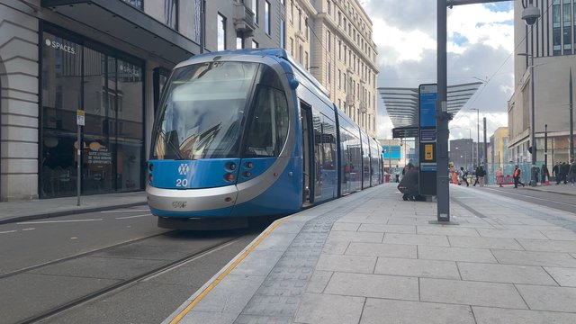 A West Midlands Metro tram line in Birmingham city centre