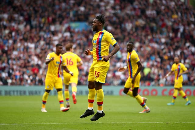 Jeffrey Schlupp of Crystal Palace celebrates scoring their side’s first goal during the Premier League (Photo by Marc Atkins/Getty Images)