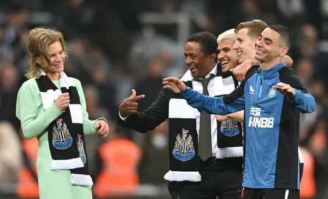 Newcastle  director Majed Al Sorour pictured with players Bruno Guimaraes Miguel Almiron and Matt Targett as Amanda Staveley looks on after the Premier League match between Newcastle United and Arsenal at St. James Park on May 16, 2022 in Newcastle upon Tyne, England.