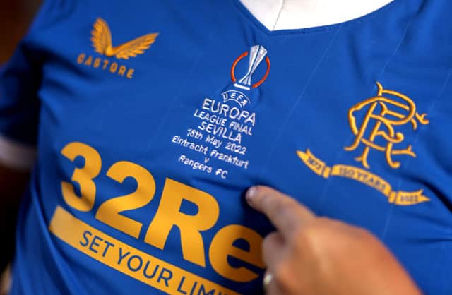 A close up of a fans shirt ahead of the Europa League final. 