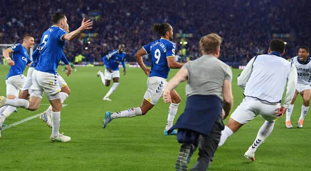 LIVERPOOL, ENGLAND - MAY 19: Dominic Calvert-Lewin of Everton celebrates after scoring their sides third goal during the Premier League match between Everton and Crystal Palace at Goodison Park on May 19, 2022 in Liverpool, England. (Photo by Michael Regan/Getty Images)