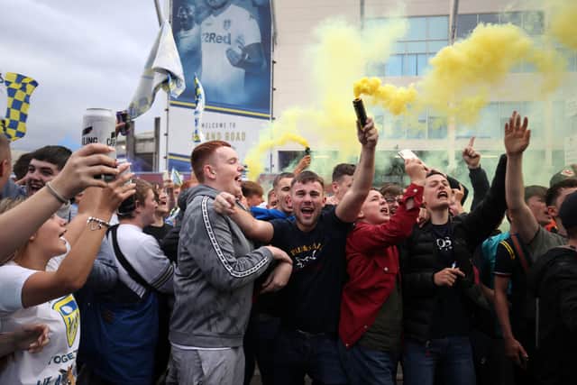 Fans gathered outside Elland Road to celebrate Leeds’ promotion to the Premier League. 