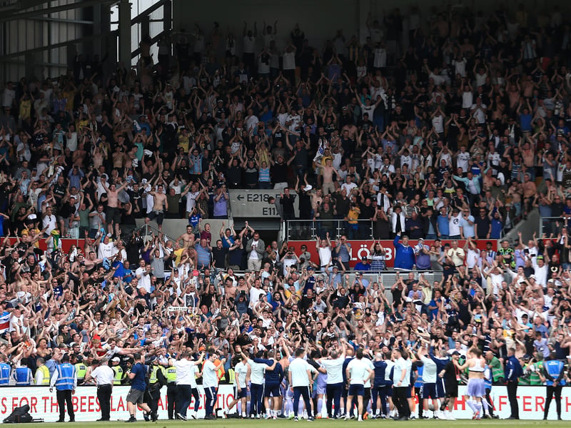 The full-time whistle blows and Leeds United players, coaching staff and supporters celebrate Premier League survival!