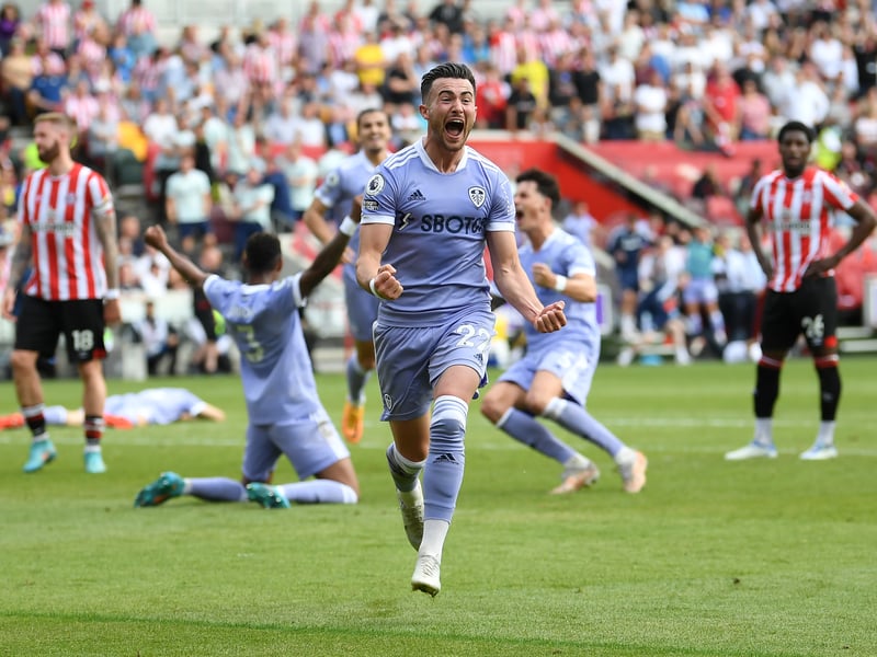 Jack Harrison heads towards the Leeds United supporters as his goal puts them on the brink of Premier League survival.
