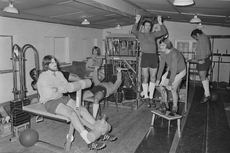 Birmingham City FC players pictured training on newly installed exercise equipment at the club’s training facility in Birmingham. Players exercising include Bob Latchford, John Roberts, Dave Latchford, Tony Want, Tommy Carroll and Roger Hynd.