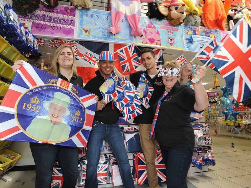Party Place staff (l-r), Emma Saunders,  Ricky Heppolette, Christopher Heppolette, Shirley Marshall, with Queens's Diamond Jubilee Flags