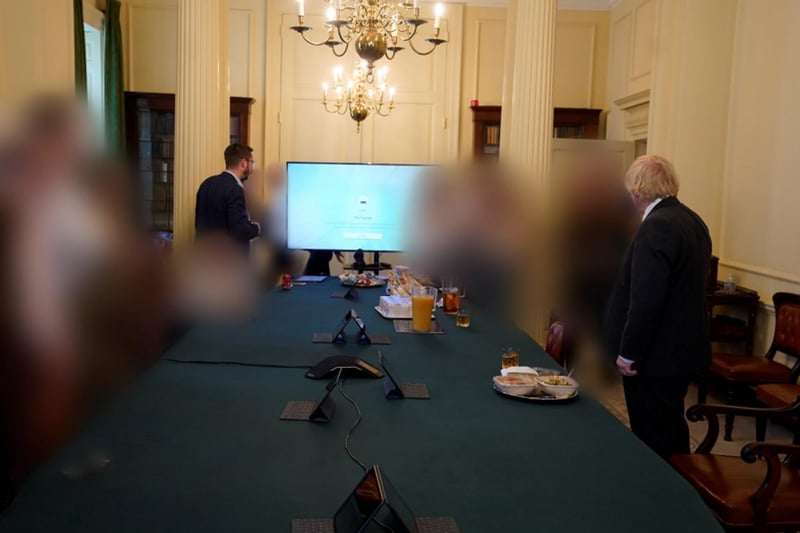 19 June 2020: a gathering in the Cabinet Room in No 10 Downing Street on Boris Johnson's birthday. They appear to be struggling with the HDMI settings on the TV.