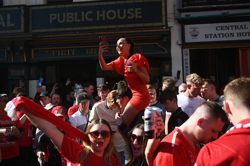 Liverpool supporters gather in the city centre in Liverpool ahead of the UEFA Champions League final. 