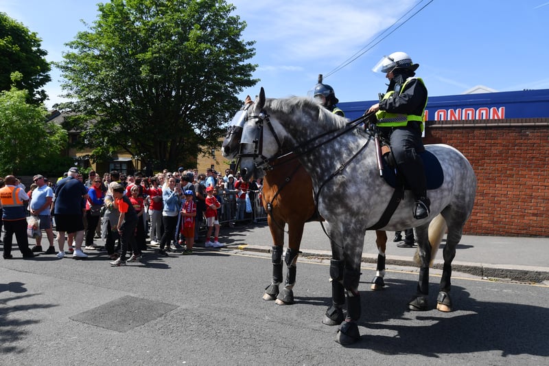 Police officers on horseback are seen outside the stadium prior to the Premier League match between Crystal Palace and Manchester United 