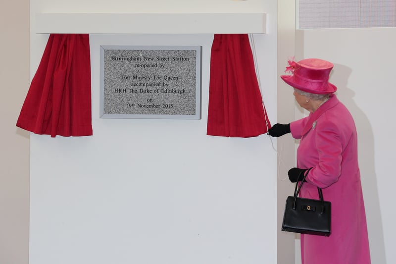 Queen Elizabeth II unveils a plaque to officially open the refurbished Birmingham New Street Station following its 750 GBP million-pound refurbishment (Photo by Christopher Furlong/Getty Images)