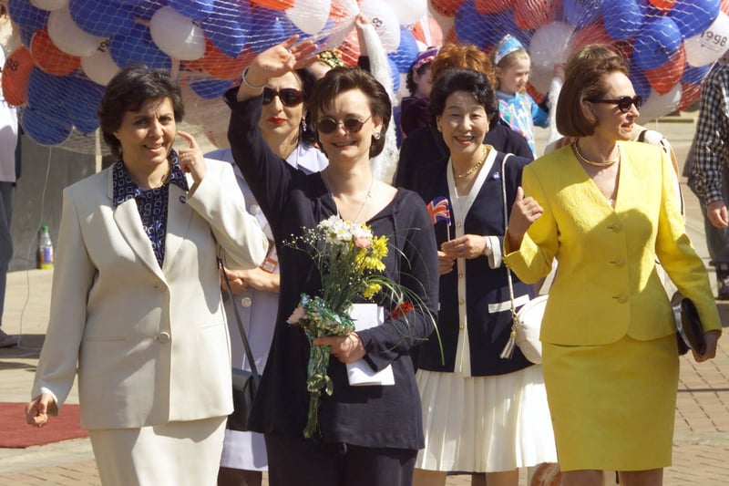 Wives of the leaders of the G8 Economic Summit walk together on May, 17 for a children’s Fun Run for charity in central Birmingham. Walking is wife of Italian Prime Minister, Flavia Prodi; wife of British Prime Minister, Cherie Blair; wife of the Japanese Prime Minister, Kumiko Hashimoto; and wife of the Canadian Prime Minister, Aline Chretien (Credit LOUISA BULLE/POOL/AFP via Getty Images)