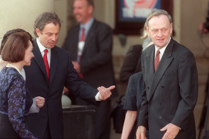 British Prime Minister Tony Blair greets his guests Canadian First Lady Aline Chretien and Canadian Prime Minister Jean Chretien at the Birmingham city Council on May, 15, before joining other world leaders for the G8 summit (Credit JOHNNY EGGITT/AFP via Getty Images)
