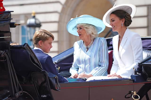 Prince George, the Duchess of Cornwall and the Duchess of Cambridge (right) leave Buckingham Palace for the Trooping the Colour ceremony at Horse Guards Parade, central London, as the Queen celebrates her official birthday, on day one of the Platinum Jubilee celebrations