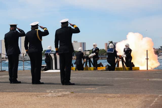 The Royal Navy staged a 42-gun salute to mark the Queen’s Platinum Jubilee