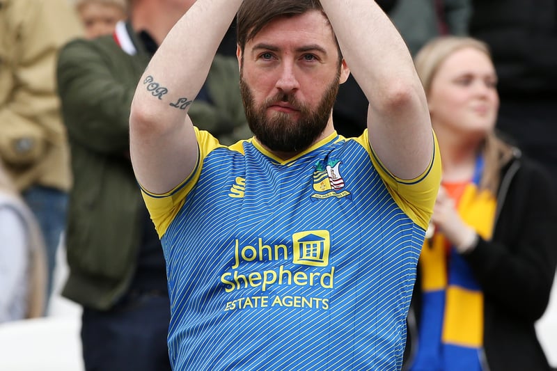 A Solihull Moors fan shows their support prior to the Vanarama National League Final match between Solihull Moors and Grimsby Town at London Stadium on June 05, 2022 in London, England.
