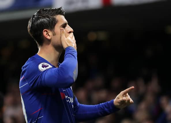 Alvaro Morata of Chelsea celebrates after scoring his team’s first goal during the Premier League (Photo by Richard Heathcote/Getty Images)