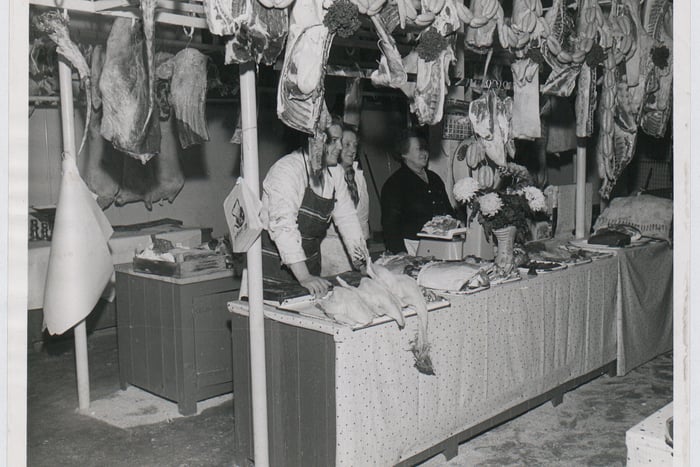 Butchers at St Nick’s market in the late 1950’s (Credit: Bristol Museum)