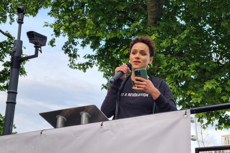 HBO’s Game of Thrones star actress Nathalie Emmanuel addressed protestors at the rally.