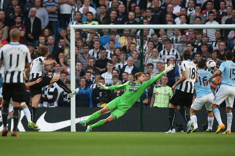 Newcastle offered little resistance to a rampant Manchester City side as David Silva, Sergio Aguero, Yaya Toure and Samir Nasri gave the hosts a comfortable win against a Magpies side reduced to ten men by Steven Taylor’s first-half red card.