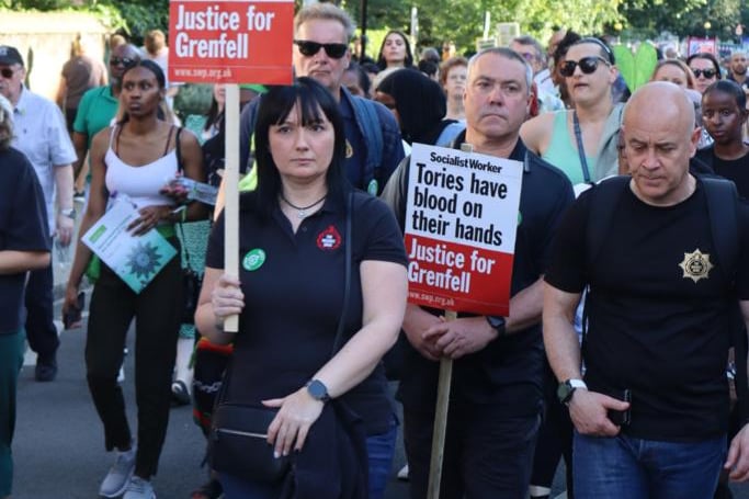 Protestors carried banners and placards which highlighted evidence from Kensington and Chelsea Council and cladding companies Rydon, Arconic and Kingspan highlighting failures to act.