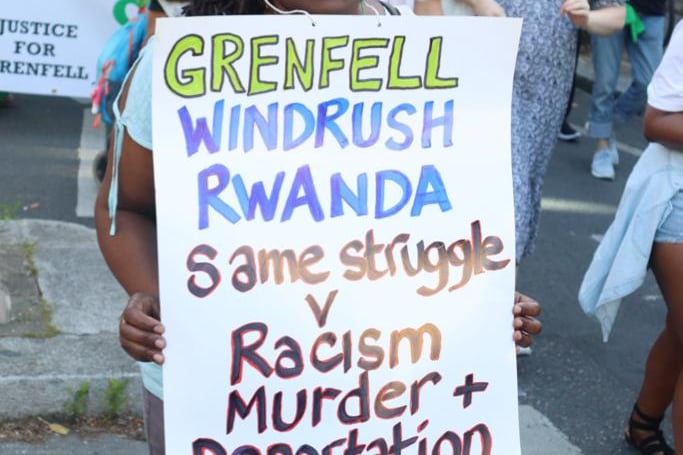 Protestors used the event to highlight other social injustices like the Windrush and Rwanda deportations.