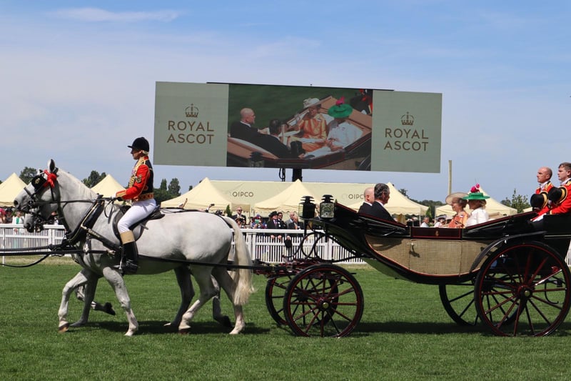 Princess Anne arrived at the third day of the Royal Ascot races in a horse drawn carriage. Credit: Claudia Marquis
