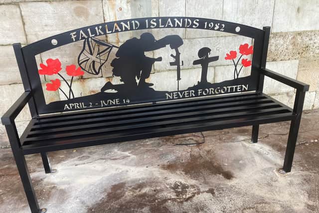 One of the Falklands memorial benches, unveiled in Old Portsmouth.