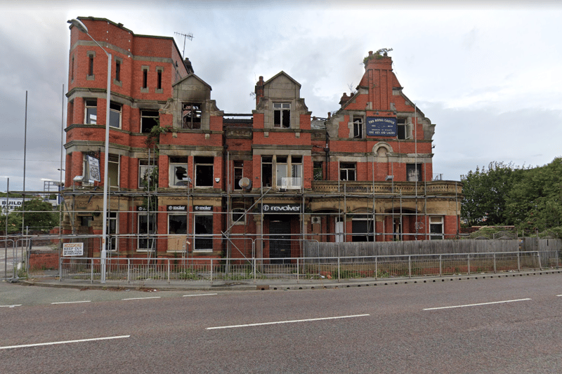 This rock and roll venue shut in 2018 after a severe fire.  The building's condition is poor and many of the windows have been smashed.  Address: Royal Castle Hotel, 2 New Chester Rd, Tranmere, Birkenhead CH41 9AY