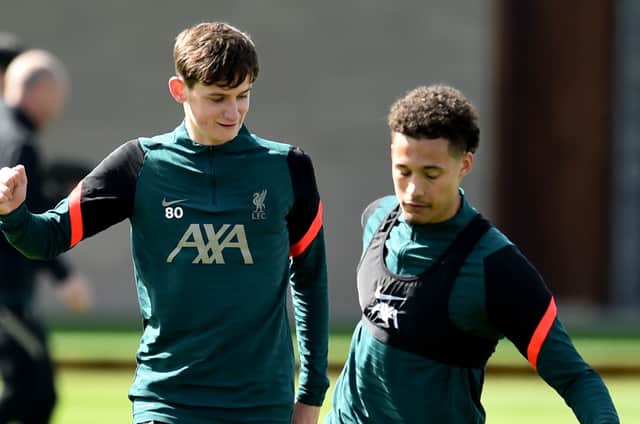 Liverpool pair Tyler Morton and Rhys Williams. Picture: Andrew Powell/Liverpool FC via Getty Images