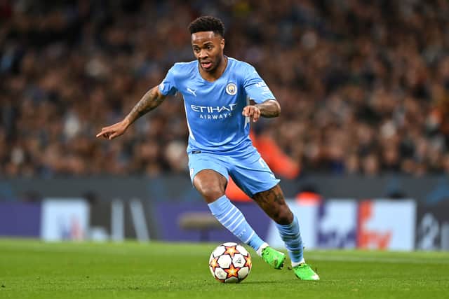 Raheem Sterling of Manchester City runs with the ball during the UEFA Champions League (Photo by Shaun Botterill/Getty Images)