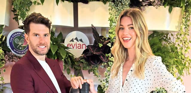 Joel Dommett and Hannah Cooper attend the Evian VIP Suite, at Wimbledon. (Photo by David M. Benett/Dave Benett/Getty Images for Evian)