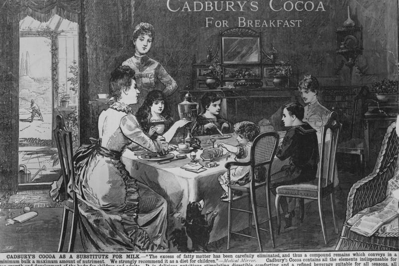 A family sitting around the breakfast table in an advertisement for Cadbury’s Cocoa. Original Publication: The Graphic 