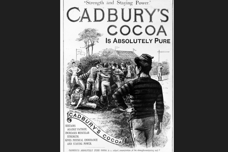 An advertisement for Cadbury’s Cocoa, using an image of rugby players to emphasise the ‘Strength and Staying Power’ gained by drinking the product.