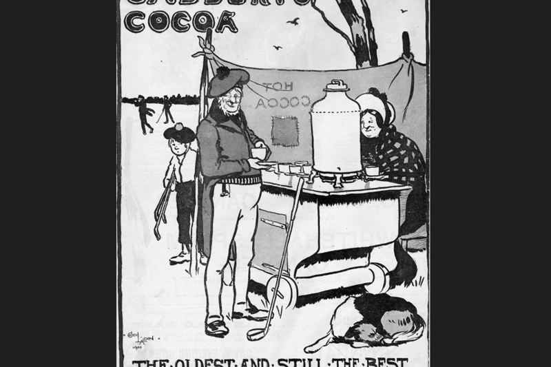 An advertisement for Cadbury’s cocoa showing a golfer buying a cup of cocoa from a woman selling it on a golf course. Original Artist - Cecil Charles Windsor Aldin (British painter, printmaker, (1870-1935)