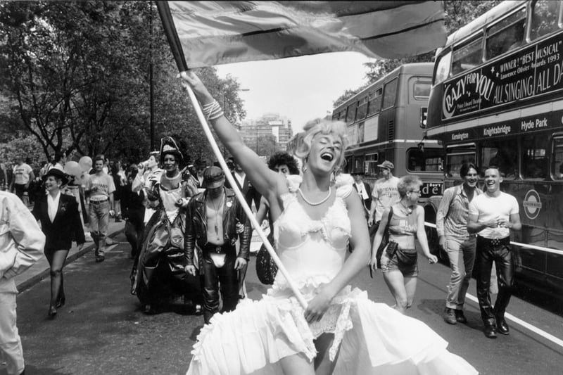 A marcher dressed as Marilyn Monroe during the annual Gay Pride march in London, London, July 1994. 