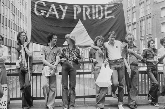 Gay Pride demonstration at the Old Bailey, in occasion of  the start of the prosecution alleging blasphemous libel brought by Mary Whitehouse against the homosexual newspaper Gay News July 1977.