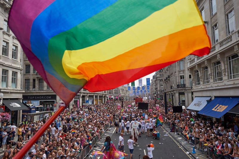 Members of the Lesbian, Gay, Bisexual and Transgender (LGBTQA+) community take part in the annual Pride Parade in London on July 8, 2017.