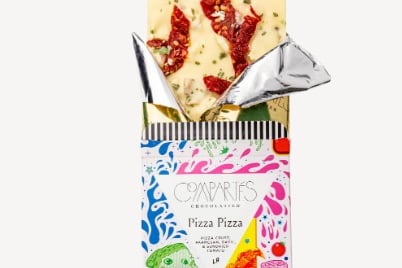 Pizza has been recommended as a great combination with chocolate.  This chocolate bar from Compartes has caramalised crust bits, sundried tomatoes and a hint of basil. 
