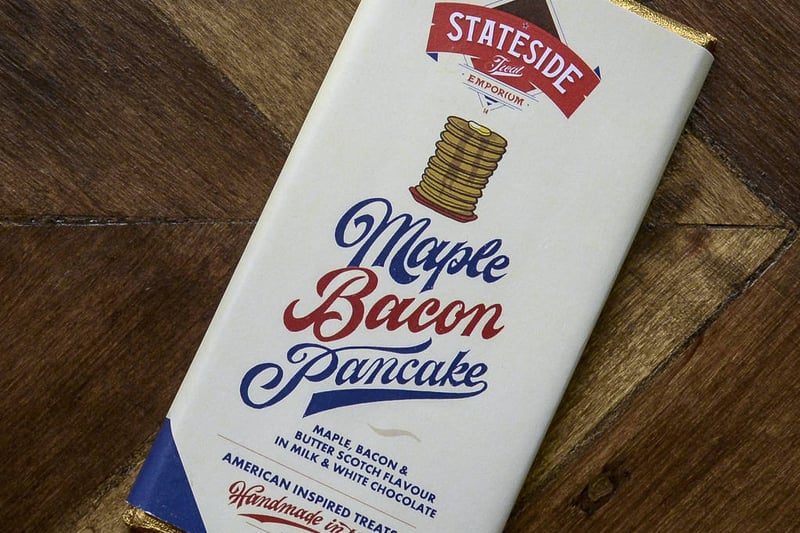 The sweet and salty combination is highly popular as a unique chocolate combination. Many places sell bacon chocolate bars including Stateside Treat Emporium.