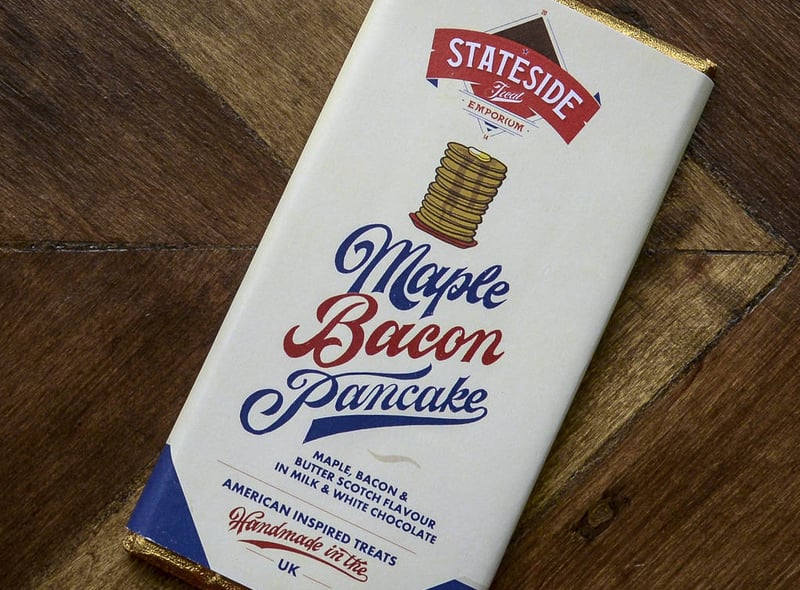 The sweet and salty combination is highly popular as a unique chocolate combination. Many places sell bacon chocolate bars including Stateside Treat Emporium.