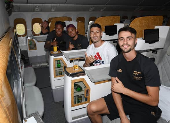 Arsenal’s Marquinhos, Gabriel Jesus, Gabriel Martinelli and Fabio Vieira on the team flight to the USA on the Arsenal private jet. (All photos by Stuart MacFarlane/Arsenal FC via Getty Images)