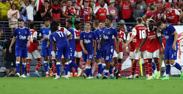 Everton shake hands after their pre-season loss to Arsenal. Picture: Rob Carr/Getty Images